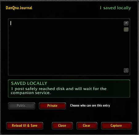 The DanQna Journal window inside World of Warcraft, with a text box for the entry, Public and Private buttons, and a Capture button.
