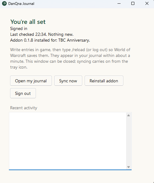 The DanQna Journal Windows program showing that everything is set up, with buttons to open your journal and sync now.